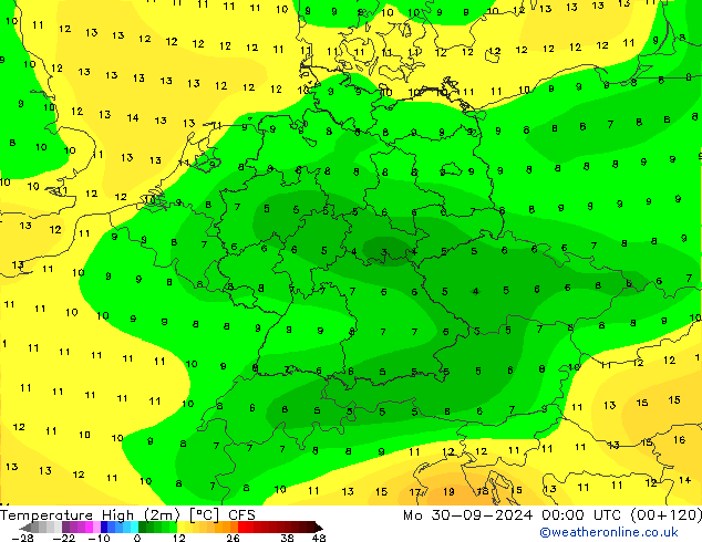 Nejvyšší teplota (2m) CFS Po 30.09.2024 00 UTC