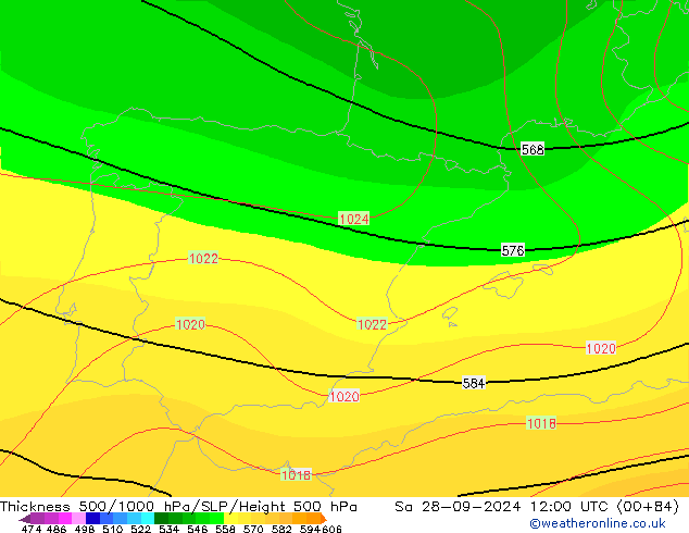 Espesor 500-1000 hPa CFS sáb 28.09.2024 12 UTC