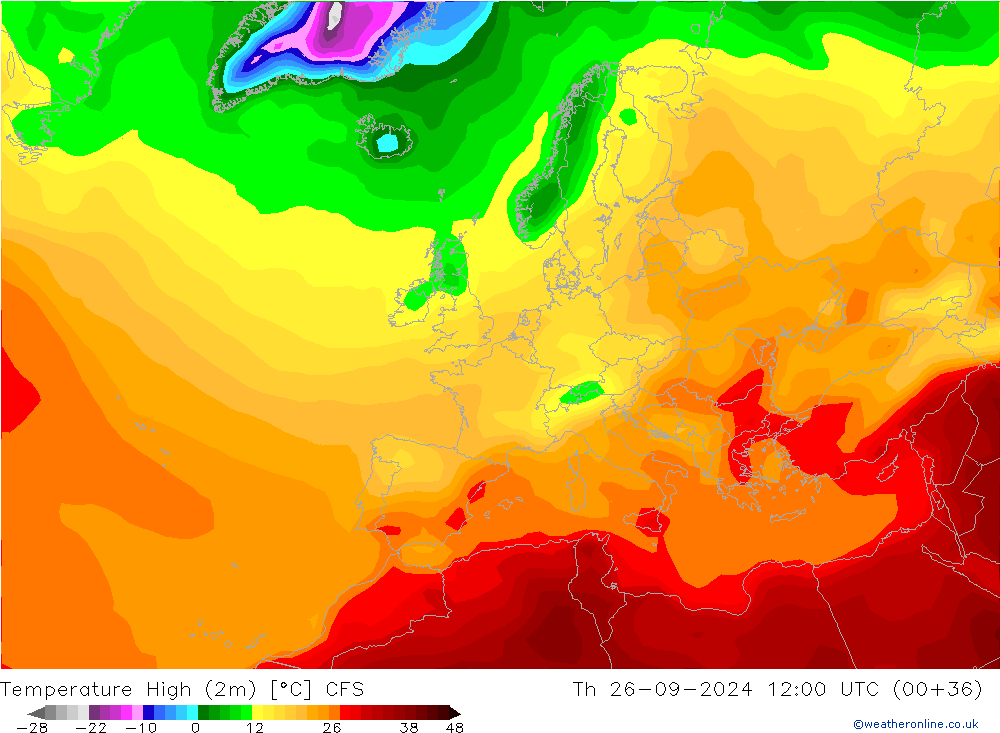 Nejvyšší teplota (2m) CFS Čt 26.09.2024 12 UTC