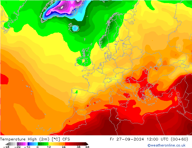 Temp. massima (2m) CFS ven 27.09.2024 12 UTC