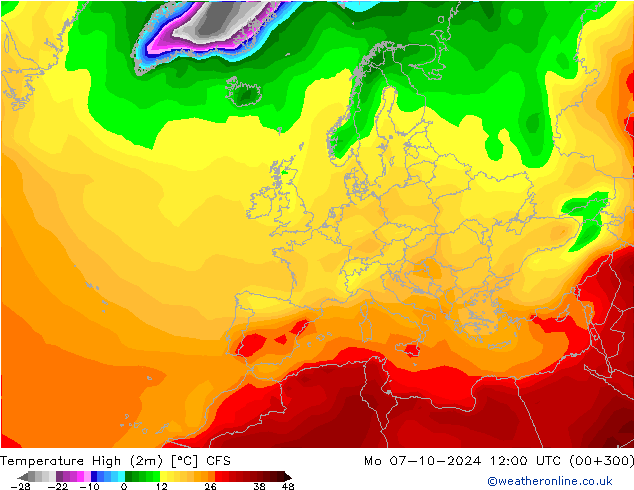 Nejvyšší teplota (2m) CFS Po 07.10.2024 12 UTC