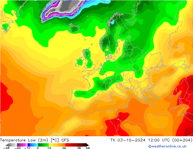 Temperature Low (2m) CFS Th 03.10.2024 12 UTC