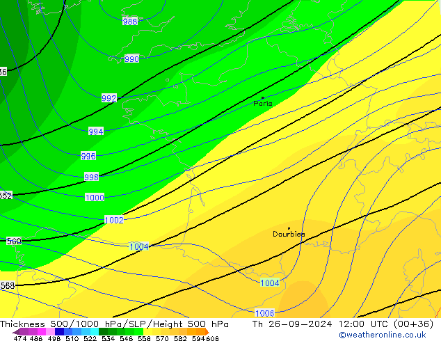 Espesor 500-1000 hPa CFS jue 26.09.2024 12 UTC