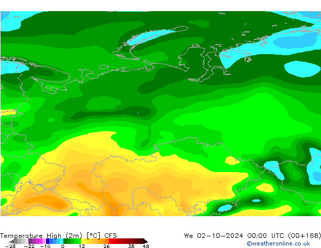 Max.temperatuur (2m) CFS wo 02.10.2024 00 UTC