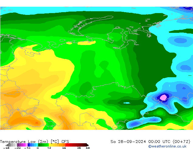 Min.temperatuur (2m) CFS za 28.09.2024 00 UTC