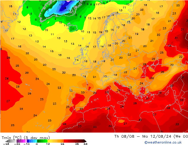 Min.temperatuur (2m) CFS do 08.08.2024 00 UTC