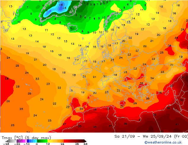 Nejvyšší teplota (2m) CFS Út 22.10.2024 00 UTC