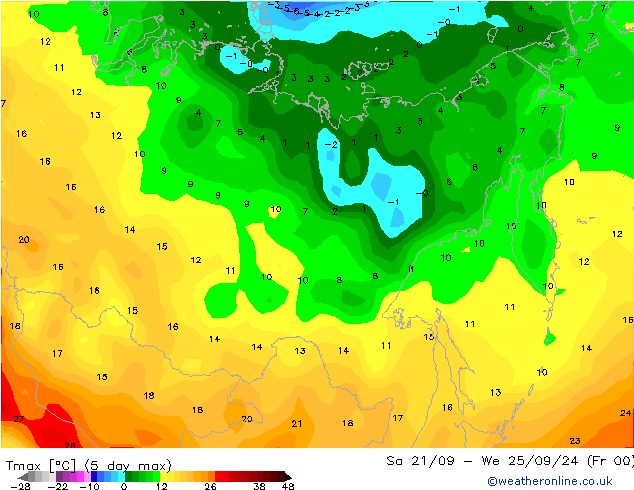 Temp. massima (2m) CFS sab 12.10.2024 12 UTC