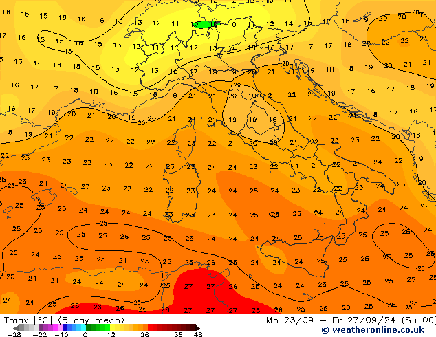 Nejvyšší teplota (2m) CFS Út 24.09.2024 00 UTC