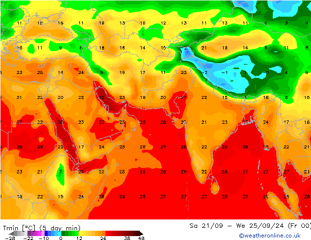 Min.temperatuur (2m) CFS za 28.09.2024 00 UTC