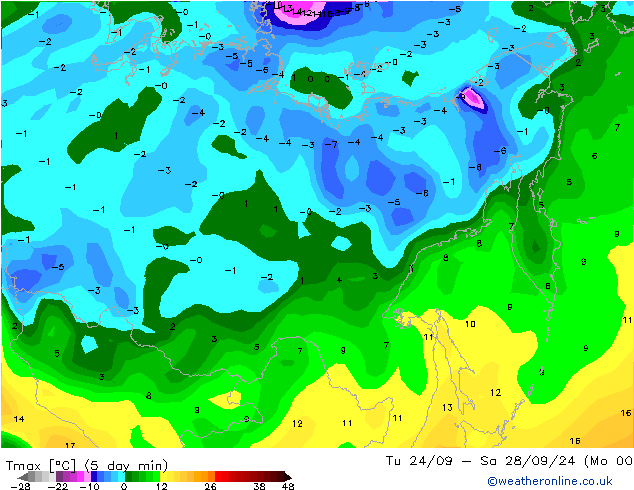 Nejvyšší teplota (2m) CFS Út 08.10.2024 00 UTC