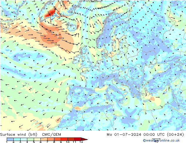 Surface wind (bft) CMC/GEM Mo 01.07.2024 00 UTC