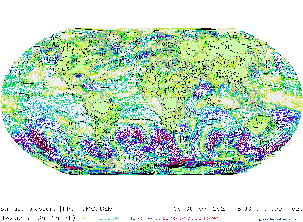 Isotachs (kph) CMC/GEM Sáb 06.07.2024 18 UTC