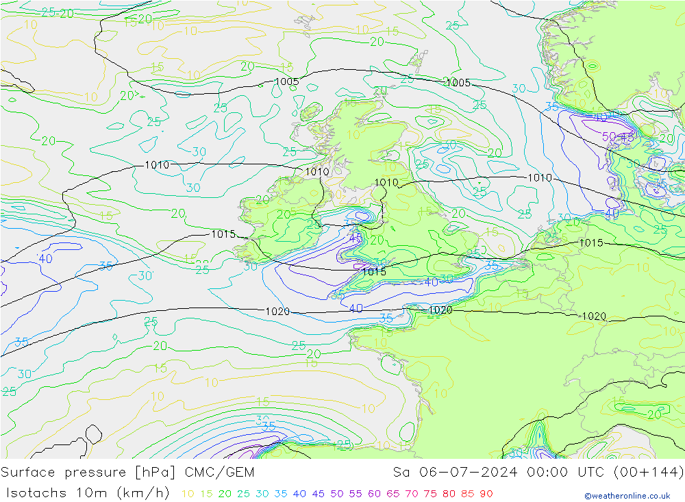 Isotachen (km/h) CMC/GEM za 06.07.2024 00 UTC