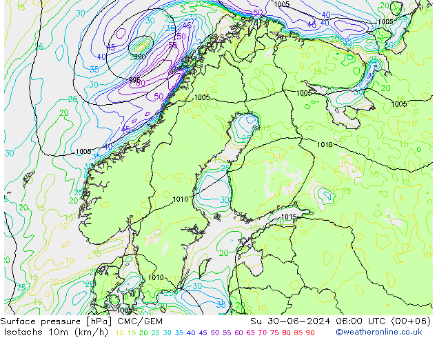 10米等风速线 (kph) CMC/GEM 星期日 30.06.2024 06 UTC