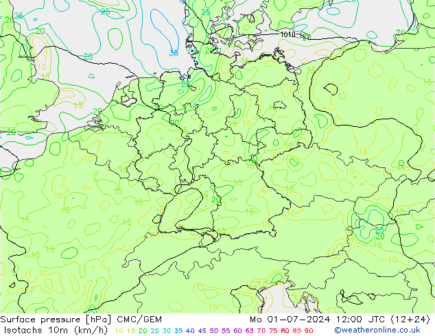 10米等风速线 (kph) CMC/GEM 星期一 01.07.2024 12 UTC