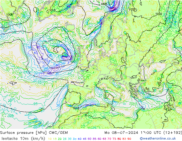 10米等风速线 (kph) CMC/GEM 星期一 08.07.2024 12 UTC