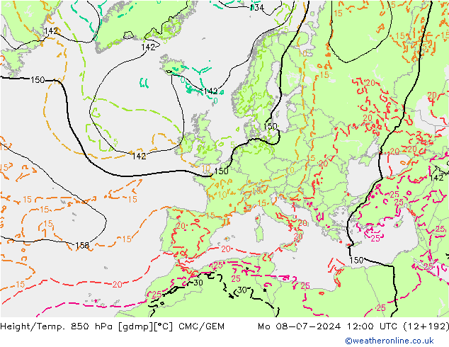 Height/Temp. 850 hPa CMC/GEM 星期一 08.07.2024 12 UTC