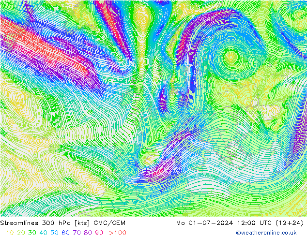 风 300 hPa CMC/GEM 星期一 01.07.2024 12 UTC