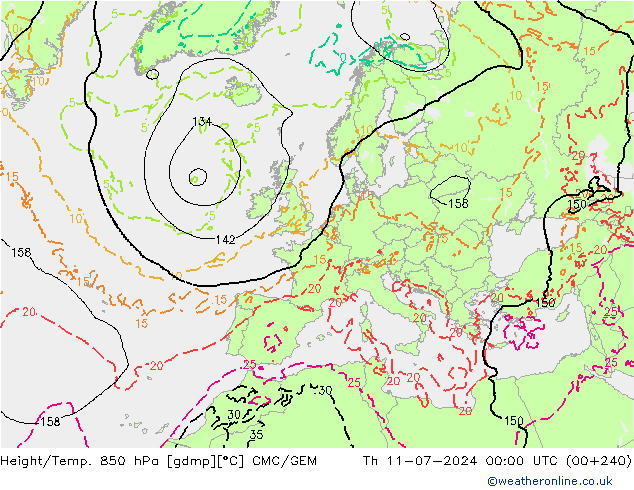 Height/Temp. 850 hPa CMC/GEM 星期四 11.07.2024 00 UTC
