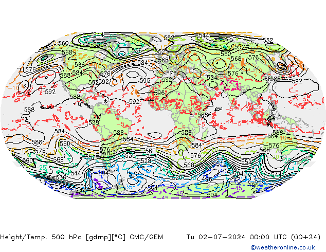 Height/Temp. 500 hPa CMC/GEM 星期二 02.07.2024 00 UTC