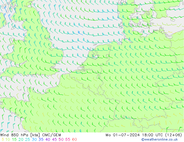 风 850 hPa CMC/GEM 星期一 01.07.2024 18 UTC
