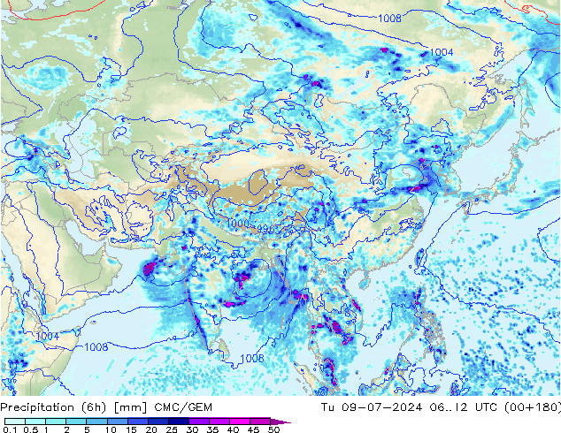 Totale neerslag (6h) CMC/GEM di 09.07.2024 12 UTC