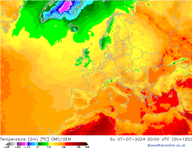 Temperatuurkaart (2m) CMC/GEM zo 07.07.2024 00 UTC