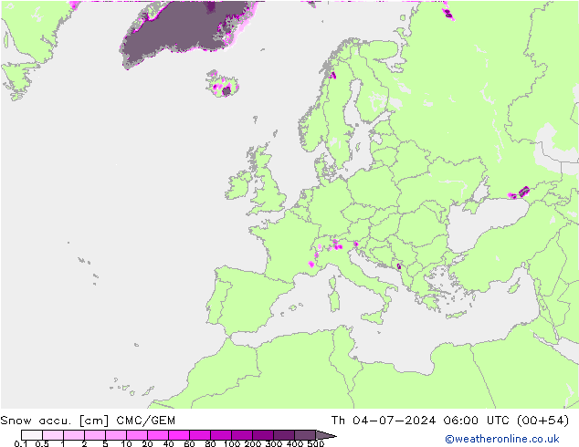 Snow accu. CMC/GEM 星期四 04.07.2024 06 UTC