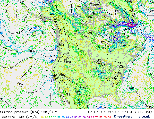 10米等风速线 (kph) CMC/GEM 星期六 06.07.2024 00 UTC