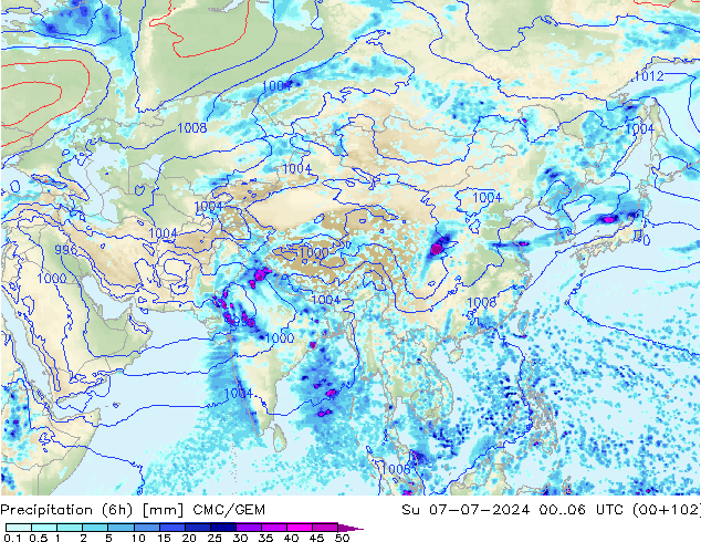Totale neerslag (6h) CMC/GEM zo 07.07.2024 06 UTC