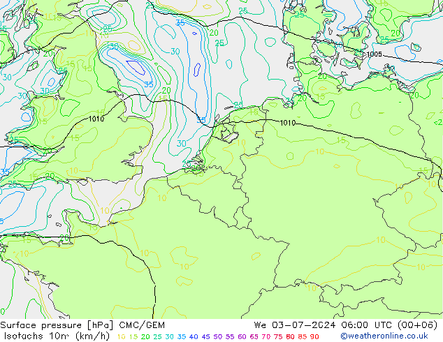 10米等风速线 (kph) CMC/GEM 星期三 03.07.2024 06 UTC