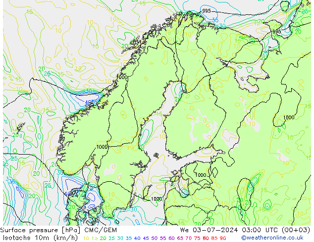 10米等风速线 (kph) CMC/GEM 星期三 03.07.2024 03 UTC