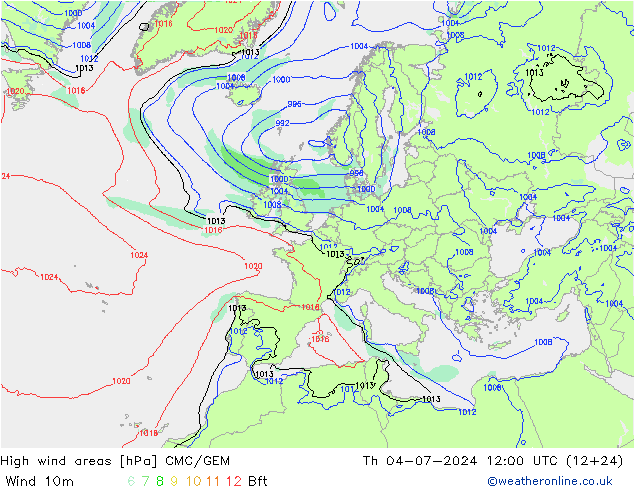 High wind areas CMC/GEM 星期四 04.07.2024 12 UTC