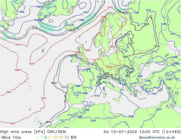 High wind areas CMC/GEM 星期六 13.07.2024 12 UTC