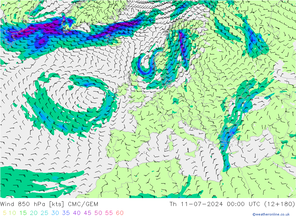 Wind 850 hPa CMC/GEM do 11.07.2024 00 UTC