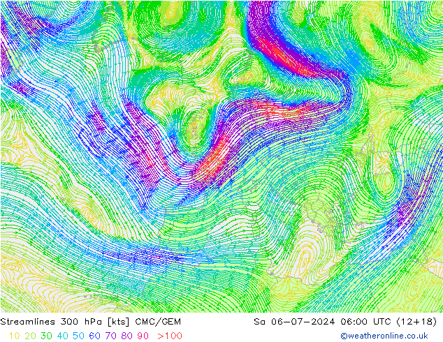 风 300 hPa CMC/GEM 星期六 06.07.2024 06 UTC