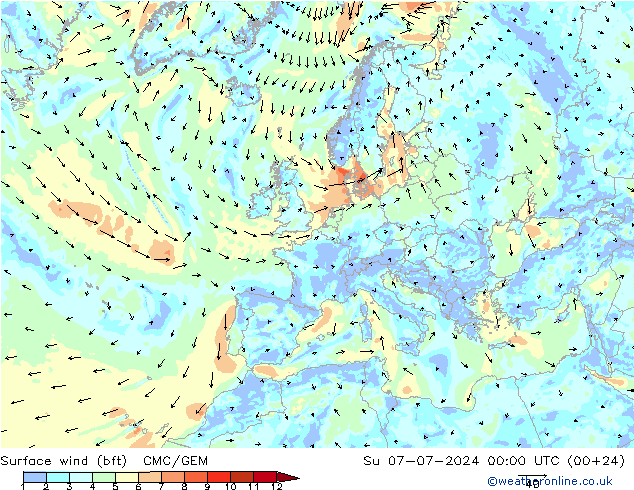 Wind 10 m (bft) CMC/GEM zo 07.07.2024 00 UTC