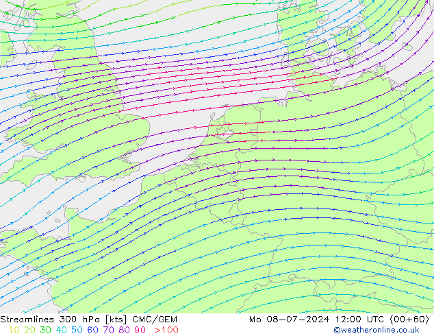 风 300 hPa CMC/GEM 星期一 08.07.2024 12 UTC