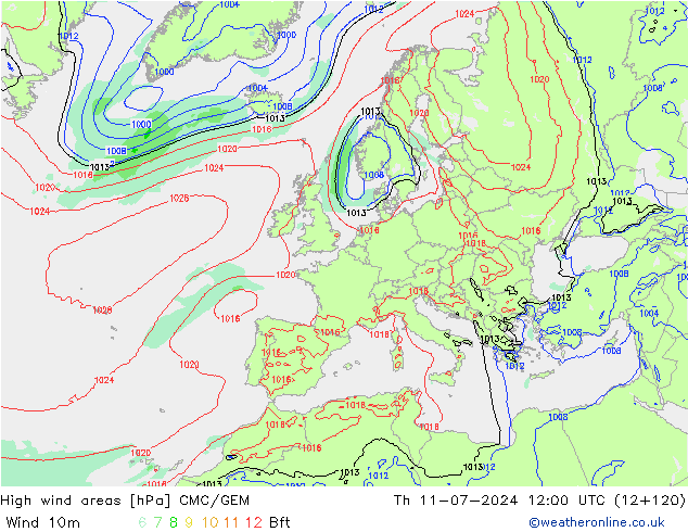 High wind areas CMC/GEM 星期四 11.07.2024 12 UTC