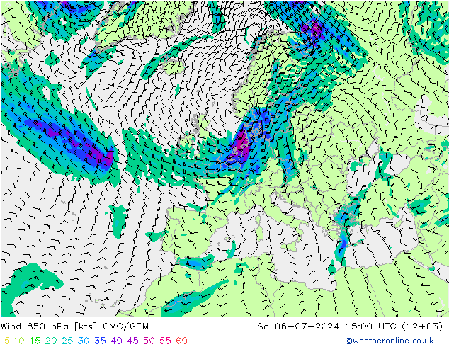 Wind 850 hPa CMC/GEM za 06.07.2024 15 UTC