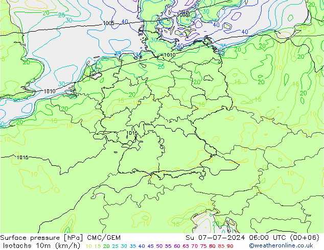 Isotachen (km/h) CMC/GEM zo 07.07.2024 06 UTC