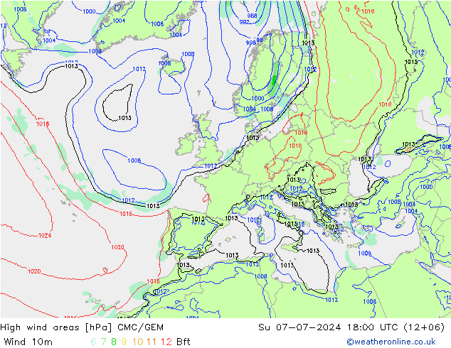 High wind areas CMC/GEM 星期日 07.07.2024 18 UTC