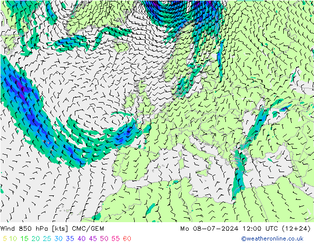 风 850 hPa CMC/GEM 星期一 08.07.2024 12 UTC