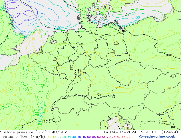 10米等风速线 (kph) CMC/GEM 星期二 09.07.2024 12 UTC
