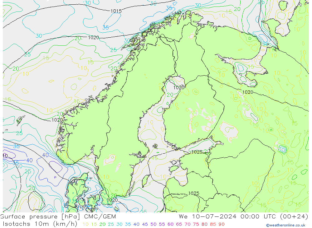 Isotachen (km/h) CMC/GEM wo 10.07.2024 00 UTC