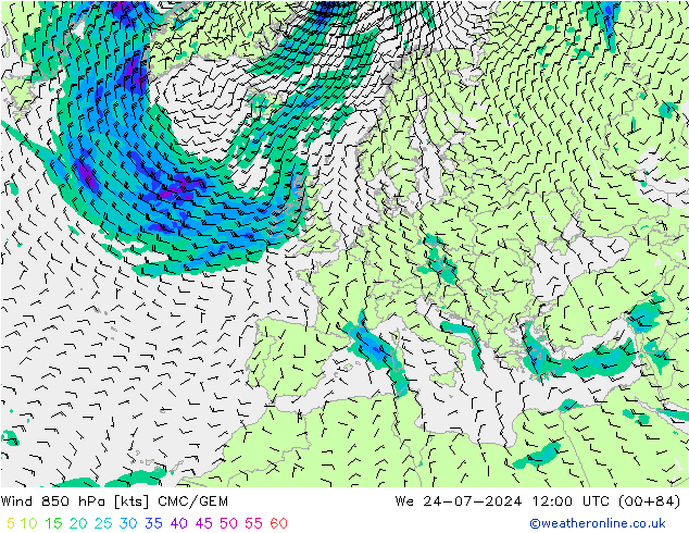风 850 hPa CMC/GEM 星期三 24.07.2024 12 UTC