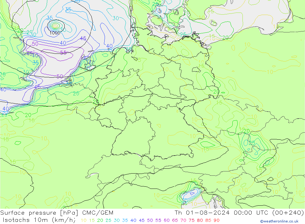 Isotachen (km/h) CMC/GEM do 01.08.2024 00 UTC
