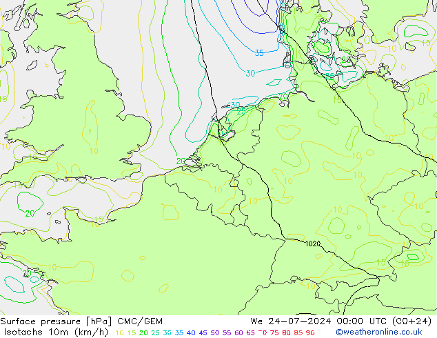 Isotachen (km/h) CMC/GEM wo 24.07.2024 00 UTC