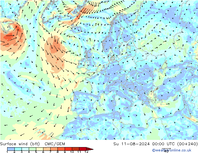 �N 10 米 (bft) CMC/GEM 星期日 11.08.2024 00 UTC